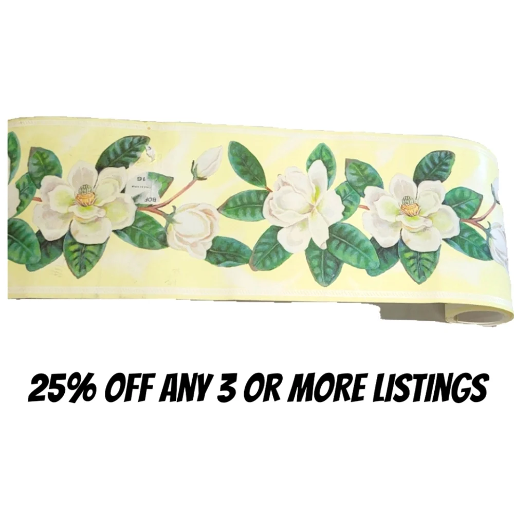 Floral Wallpaper Border with Green Leaves Gardenia Flower 4 Yards Pre Pasted